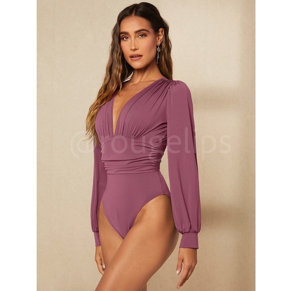 Dusty Mauve Elegant V neck Bodysuit Long Bishop Sleeves Stretchy Ruched Waist - Picture 2 of 10